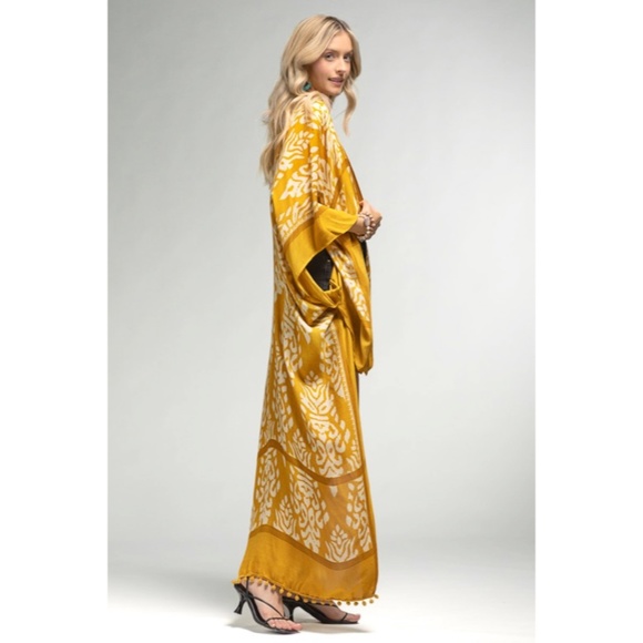 SOLD OUT Mustard Yellow Damask Print Pompom Trim Bohemian Kimono Wrap Coverup - Picture 4 of 4